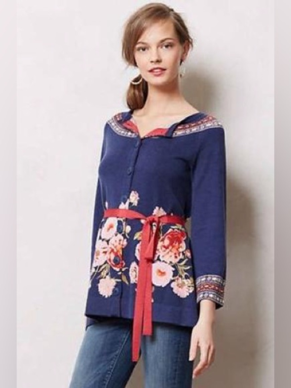 Anthro Sparrow Burgeoning floral belted cardigan sweater size M medium